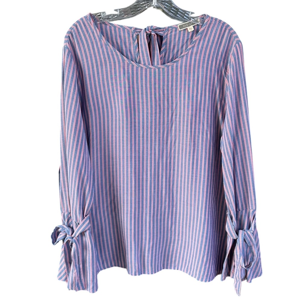 Pleione Red White Blue Striped Tie Back‎ Rayon Blouse Bell Sleeve Top Size M